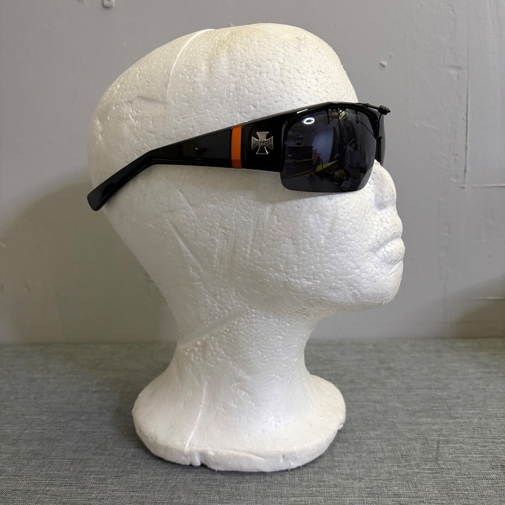Choppers Sunglasses Mens OS Black Gloss Wrap Around UV400 Biker‎ Cross Logo New